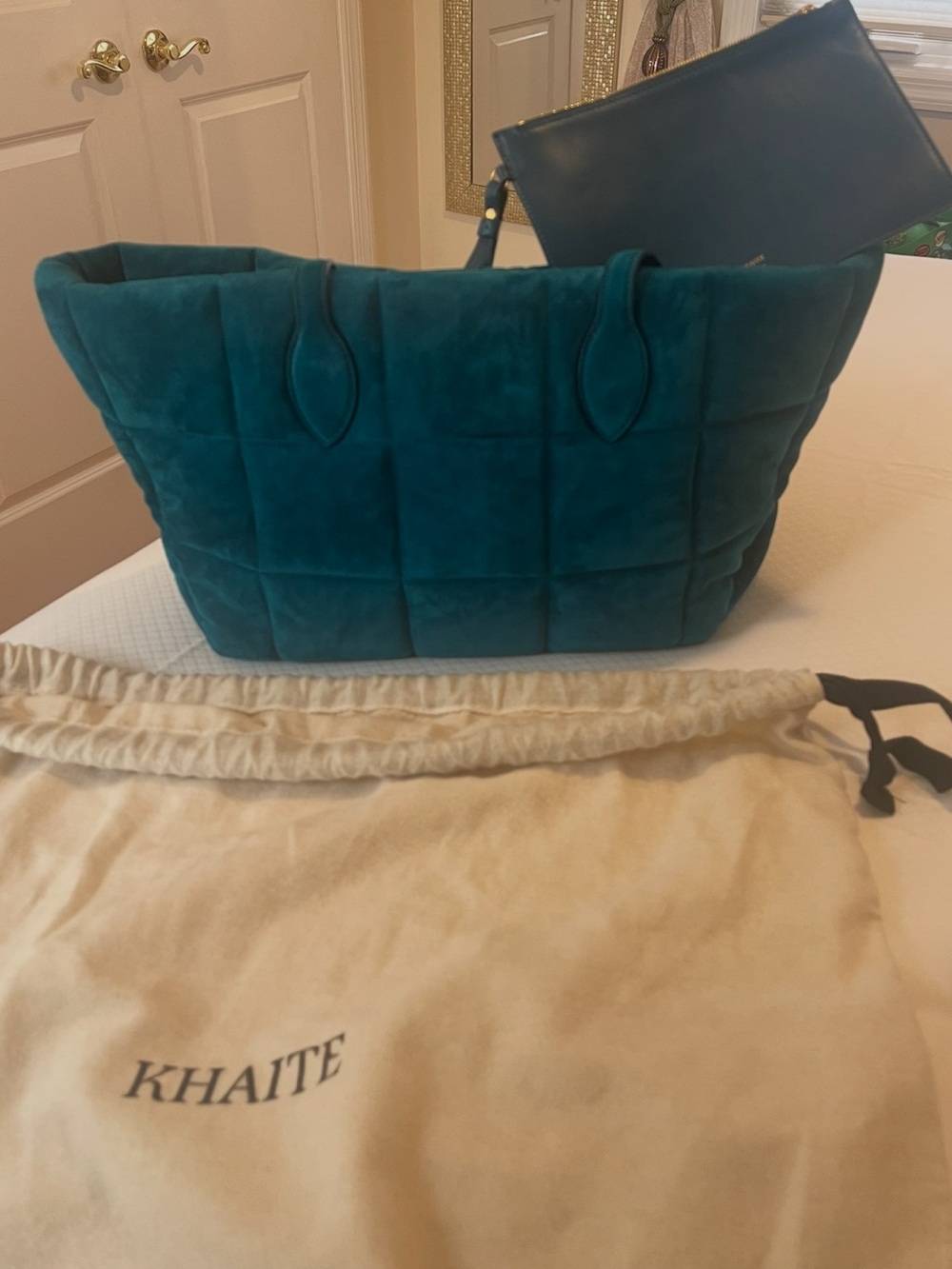 KHAITE Teal Quilted Suede Tote with Matching Pouch (new W/O tags)